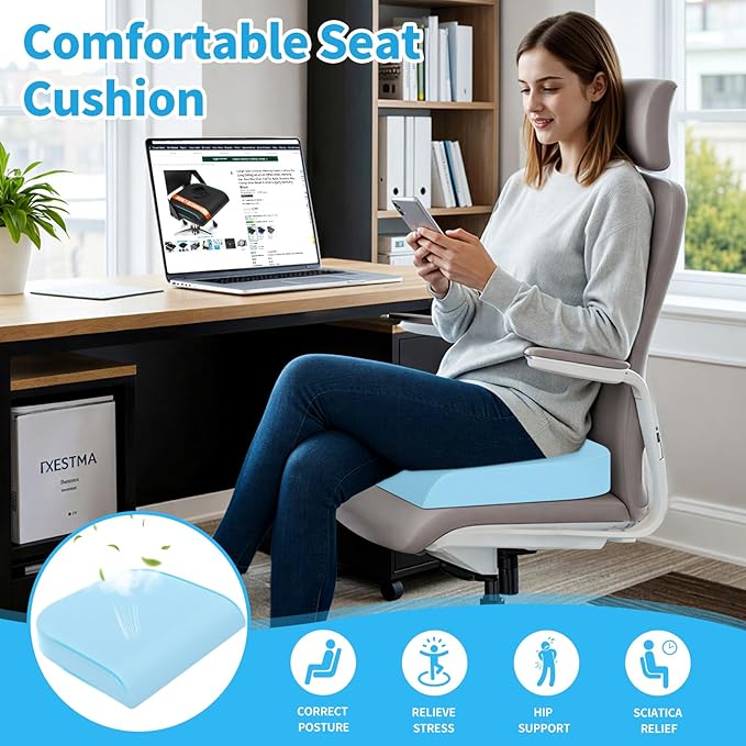 TranquilRelax Large Seat Cushion, Memory Foam Cushion for Long Sitting Hours on Office Chair, Home & Car, Non-Slip Chair Pad for Relieving Back & Sciatica & Hip & Coccyx Pain (Light Blue)