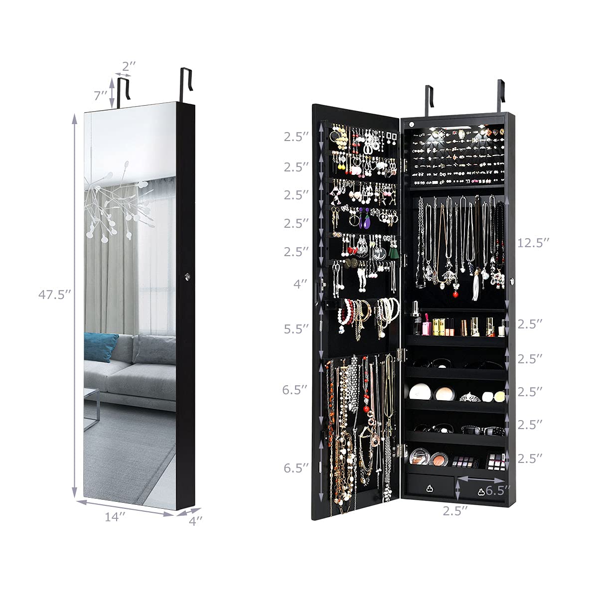 AUGESTER Jewelry Armoire Cabinet with Full-Length Mirror, 2 LEDs, 2 Keys, Makeup Pouch, Bracelet Rod, 2 Drawers, Wall Door Mounted, Full Screen Jewelry Cabinet for Bedroom (Black)