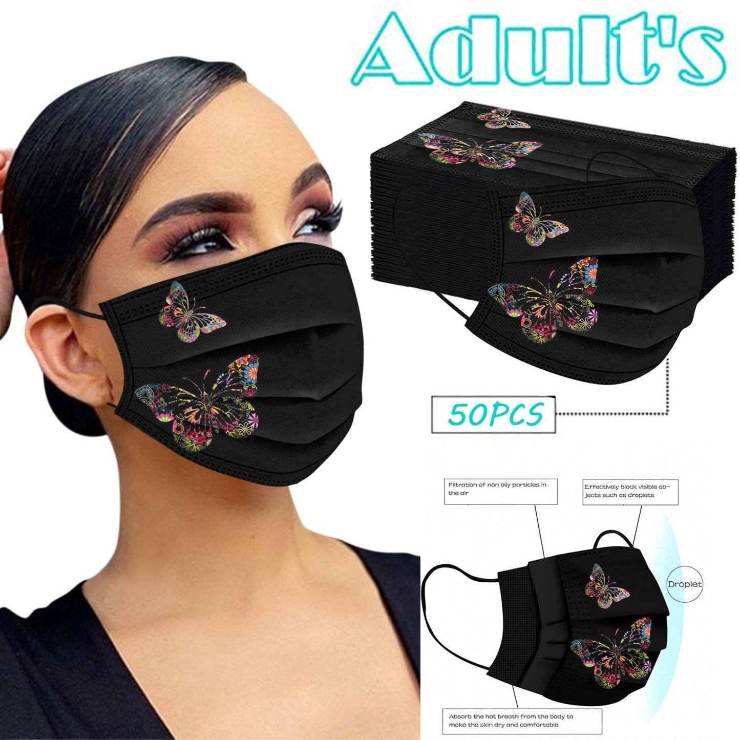 YOMEESOUL 50pcs Black Disposable Face Masks, Masks with Butterfly Printed, 3-Ply Full Protection for Women Men Teen Girls