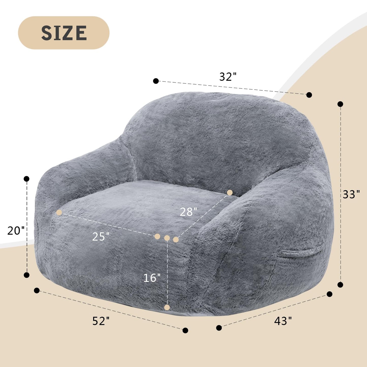 FAREYY Giant Bean Bag Chair with Armrests, Oversized Bean Bag Couch for Adults and Kids, Faux Fur Comfy Large Chair with Filler, Stuffed Lounge Floor Boneless Chair for Living Room, Light Gray