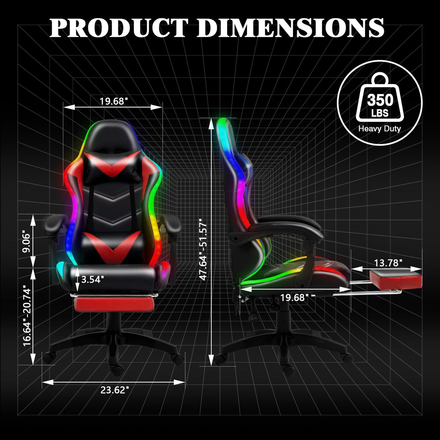 Czlolo Gaming Chair, Racing Style RGB LED Lights Gaming Chairs for Adults and Kids, Lumbar Massager Gamer Chair, High Back Reclining Computer Chair with Footrest and Headrest (Black/Red)