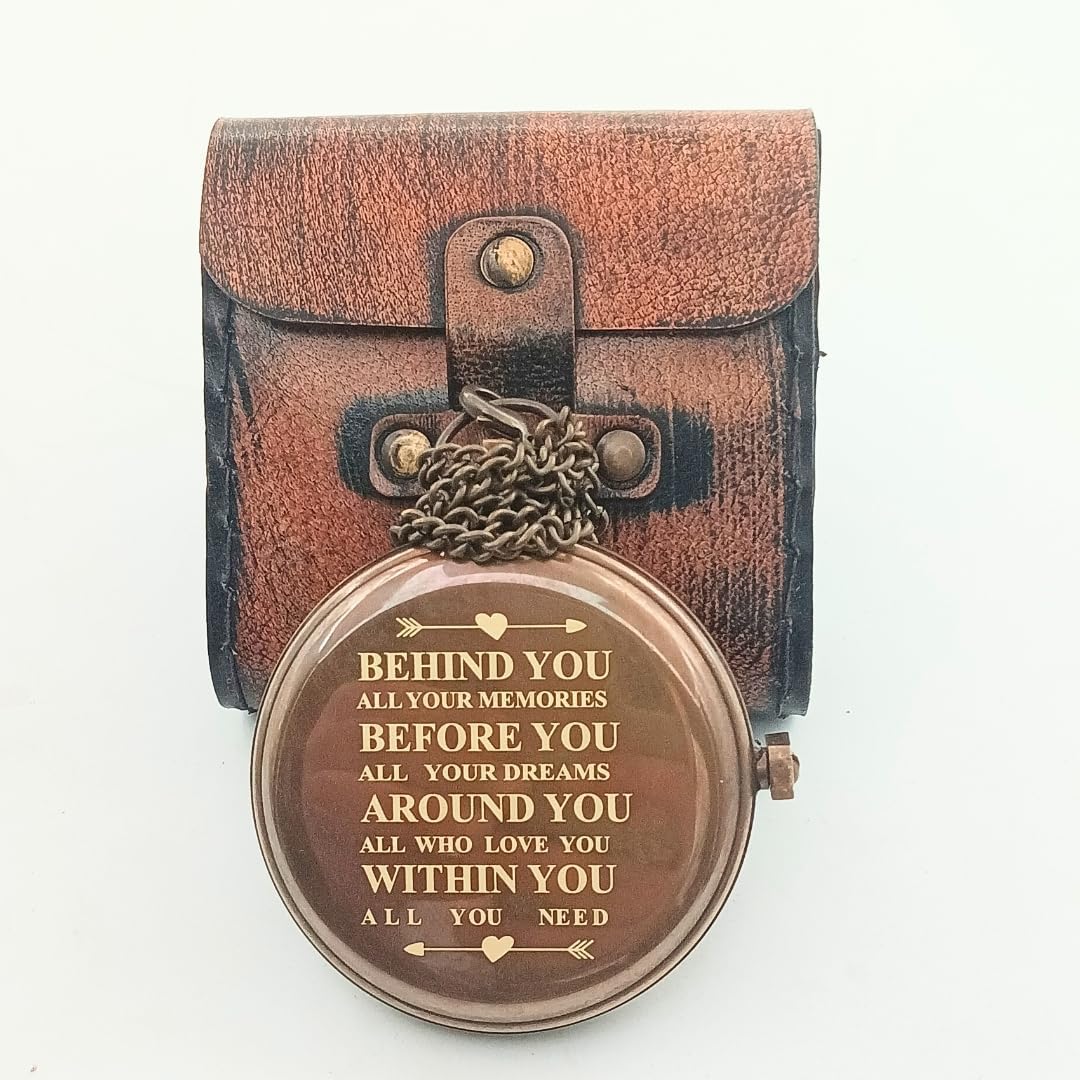 BEHINDE You Engraved Sundial Compass with Leather Case. Personalized Brass Pocket Compass Gifts for Men, Him, Son