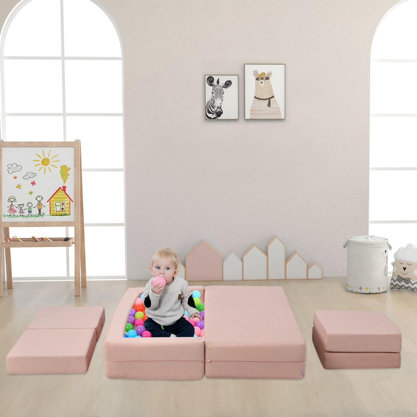 Getifun Modular Kids Sofa, Foam Toddler Couch, Convertible Plush Kids Play Couch (Pink)
