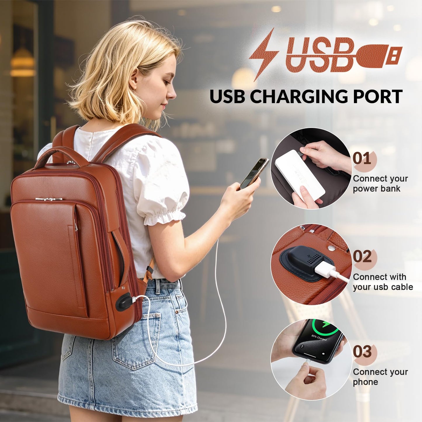 TIDING Expandable Leather 15.6" Laptop Backpack for Men Women, TSA Friendly Business Travel Bag Slim Work Casual Daypack