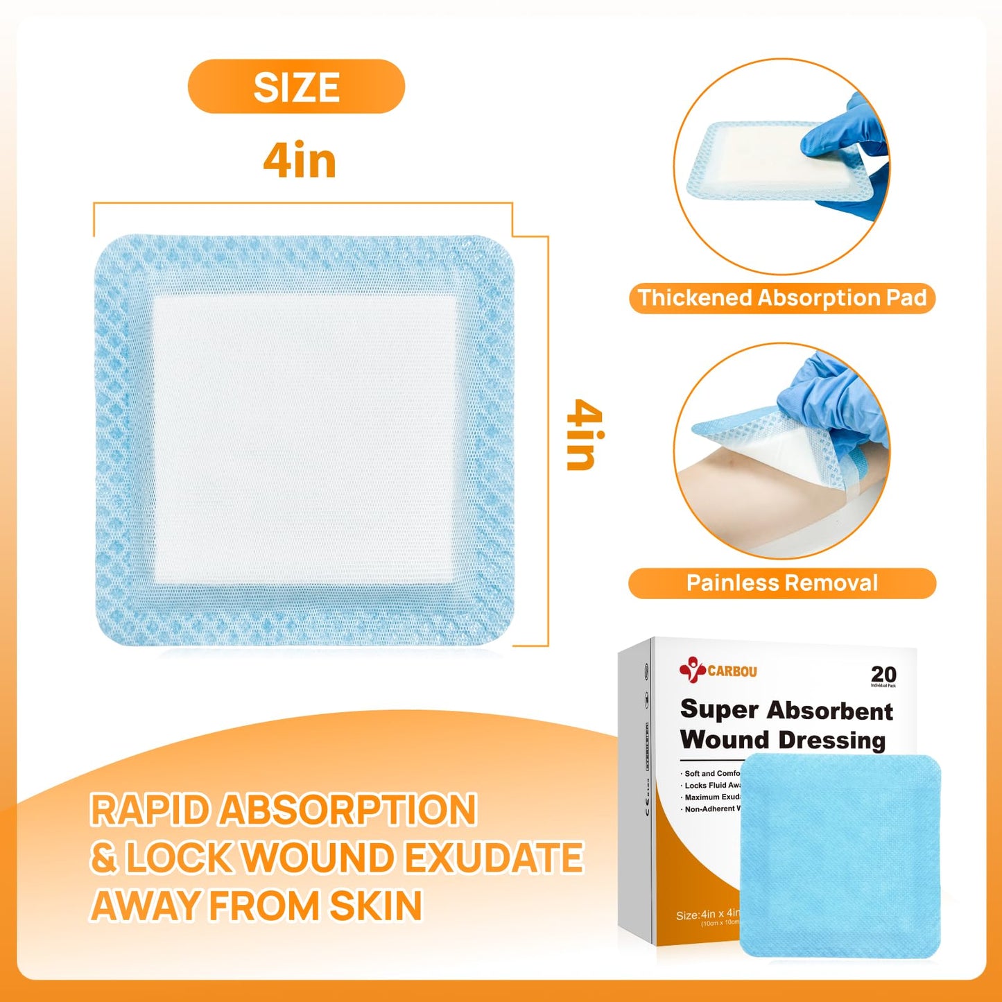 Carbou 4"x 4" Super Absorbent Wound Dressing Pads, 20 Individual Pack, Non Adhesive Absorbent Bandages for Wound Care, Soft Highly Absorbent Dressing, Non Stick Gauze Pads for Wounds