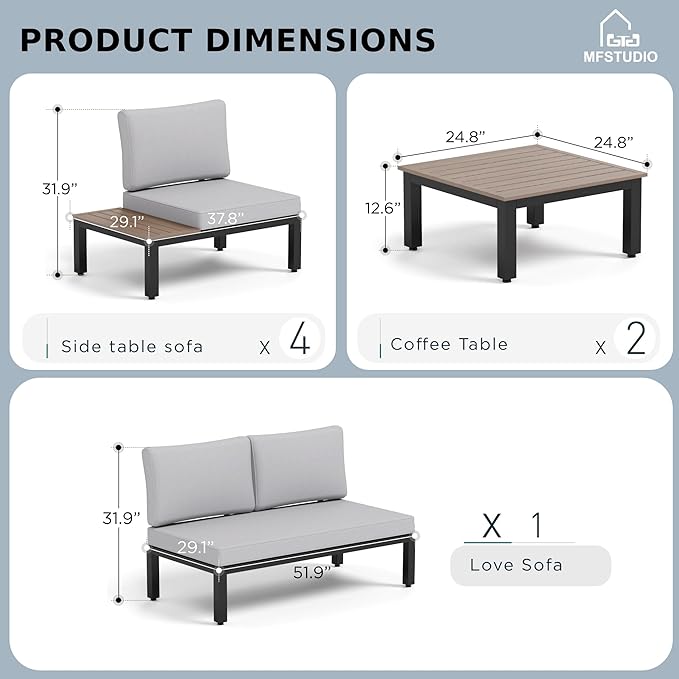 MFSTUDIO 7 Pieces Patio Furniture Set,Outdoor Metal Frame Patio Sectional Sofa Conversation Set with 2 Coffee Tables&Removable Cushion for Backyard,Garden,Poolside