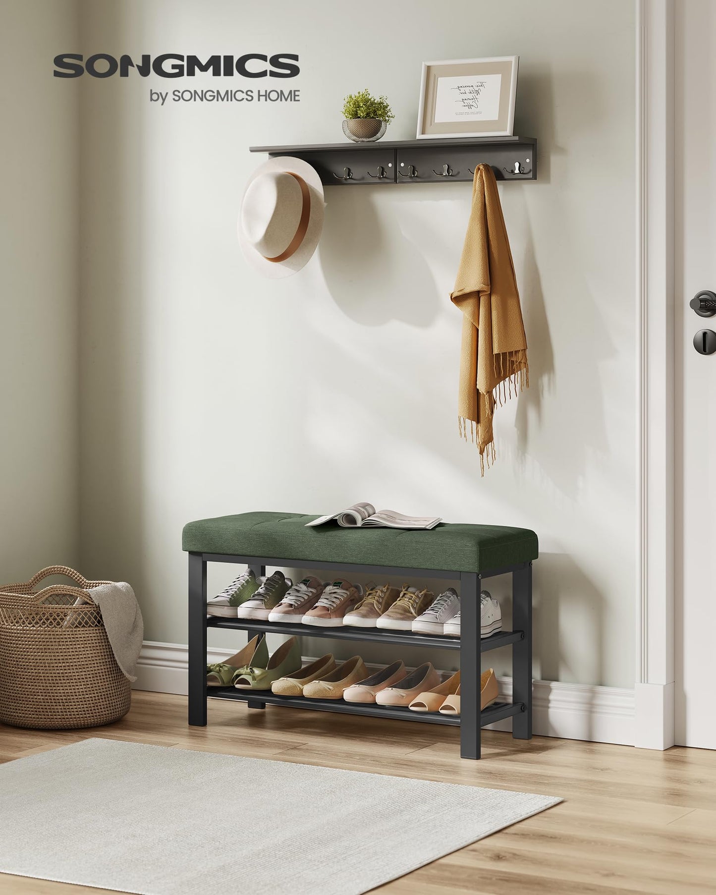 SONGMICS Shoe Bench, Storage Bench, Entryway Bench with Cushion, Shoe Shelf with Seat, Space-Saving, Modern Style, for Living Room, Bedroom, Hallway, Forest Green and Ink Black ULBS057C01