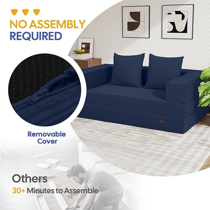 COMAX Futon Sofa Bed, 4‑in‑1 Convertible Sofa Bed, Folding Boneless Couches for Living Room, Fold Out Small Foldable Loveseat Floor Sleeper Comfy Mattress Lounge Space‑Saving, Navy Blue