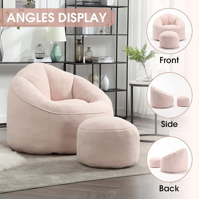 Sudwesto Bean Bag Chair for Adult, Microfiber Upholstered Bean Bag Sofa with Petal Back, Shell-Shaped Beanbag Chair with Footstool, Memory Foam Stuffed Lazy Sofa for Living Room, Bedroom (Pink)