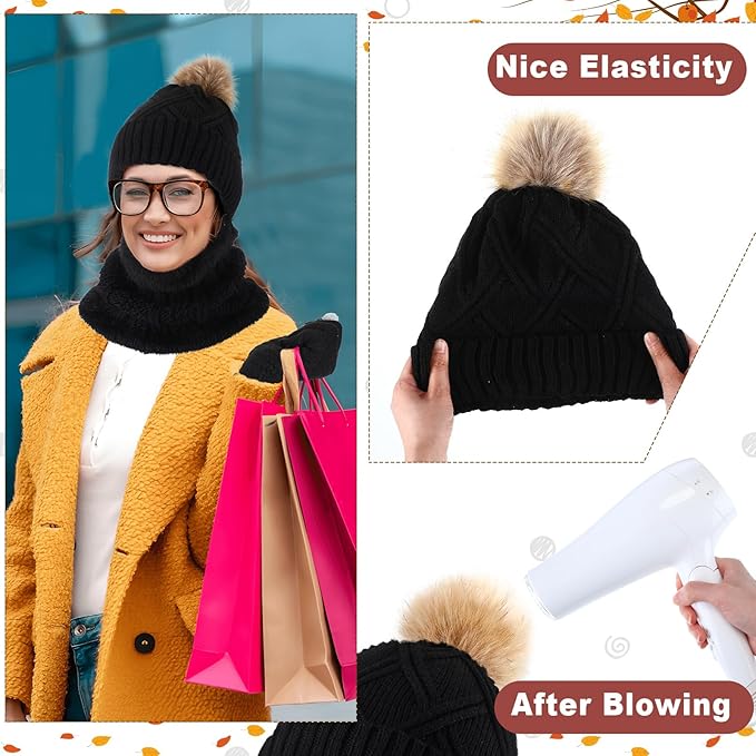 SATINIOR 5 Pcs Winter Hat Scarf Gloves Set Fleece Warm Lined Knit Beanie Hat Touch Screen Earmuff Gloves Warmer for Women