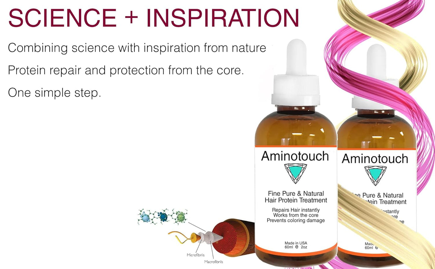 Aminotouch Natural PURE PROTEIN TREATMENT Instant Rescue Shot Grow Long Hair Repair Damage Split Ends, Strengthen Weak Hair, Collagen Filler Keratin Repair that Works From the Core (Double)