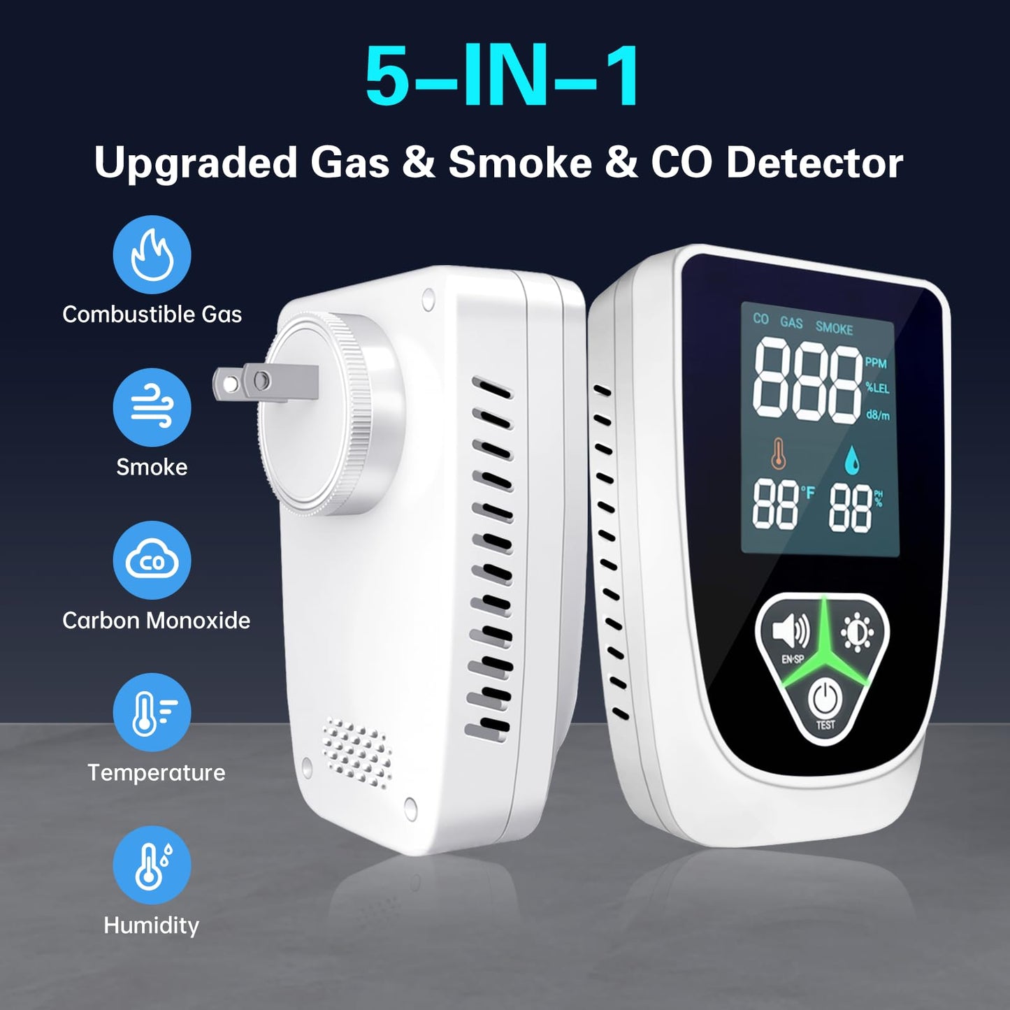 5-in-1 Plug in Gas & Smoke & Carbon Monoxide Detector, Combination CO Alarm with Temperature(°F) & Humidity HD Screen Supports English/Spanish Ideal for Home, RVs, Apartment (1 Pack)