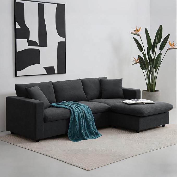 KIVENJAJA Black Cloud Couch for Living Room Apartment Small Spaces, Linen L Shaped Modular Sectional Sofa with Convertible Ottoman Chaise, Modern Minimalist, Metal Frame, 100.4" W 3 Seater