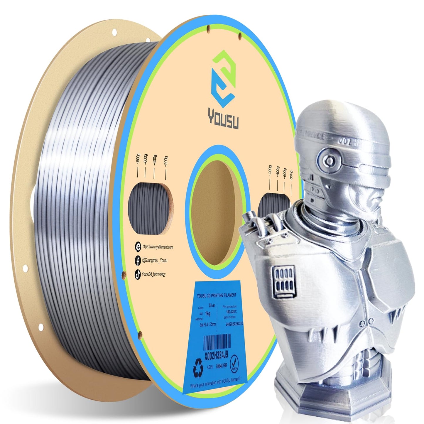 YOUSU Silk Silver PLA Filament 1.75mm 3D Printer Filament with Shiny Surface, Shiny Metallic PLA Silk 1kg Spool 3D Printing Fila