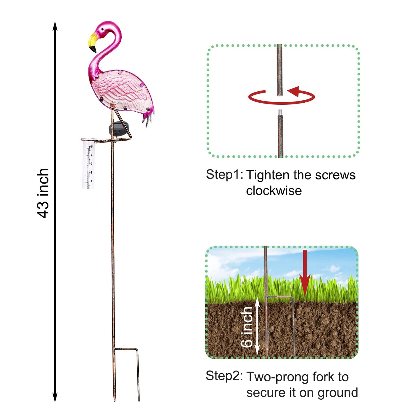LEWIS&WAYNE 43’’ Solar Flamingo Rain Gauge Outdoor Decorative Metal Stake LED Lights with Glass Tube Solar Pathway Lights for Garden, Yard, Patio, Lawn Decor