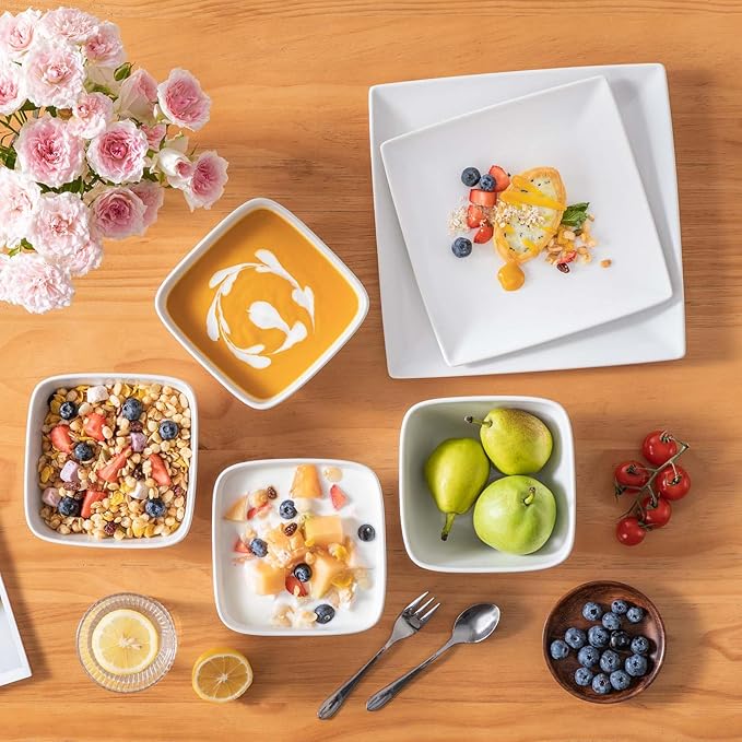 vancasso Soho Dinnerware Sets 12 Pieces, White Stoneware Square Place Setting, Dinner Plate, Dessert Plate, Bowls Service for 4