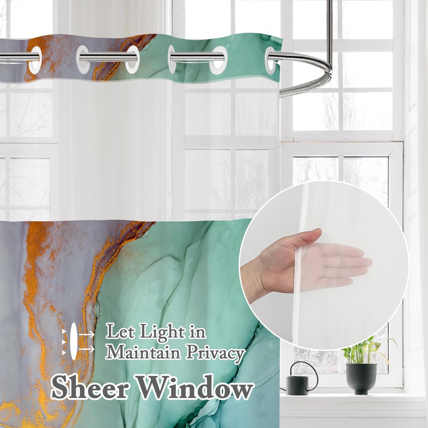 Gibelle No Hook Marble Shower Curtain with Snap-in Fabric Liner Set for Bathroom, Hotel Style Abstract Modern Shower Curtain with See Through Top Window, Waterproof & Washable, 71x74, Green