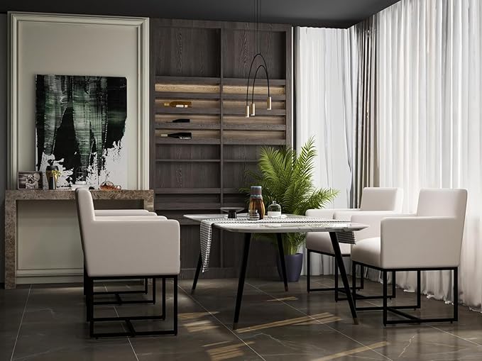 BESTANO Linen Upholstered Dining Chairs with Arms Set of 2 Mid Century Modern Accent Chairs Armchairs with Black Metal Frame, Modern Kitchen & Dining Room Chairs, Cream