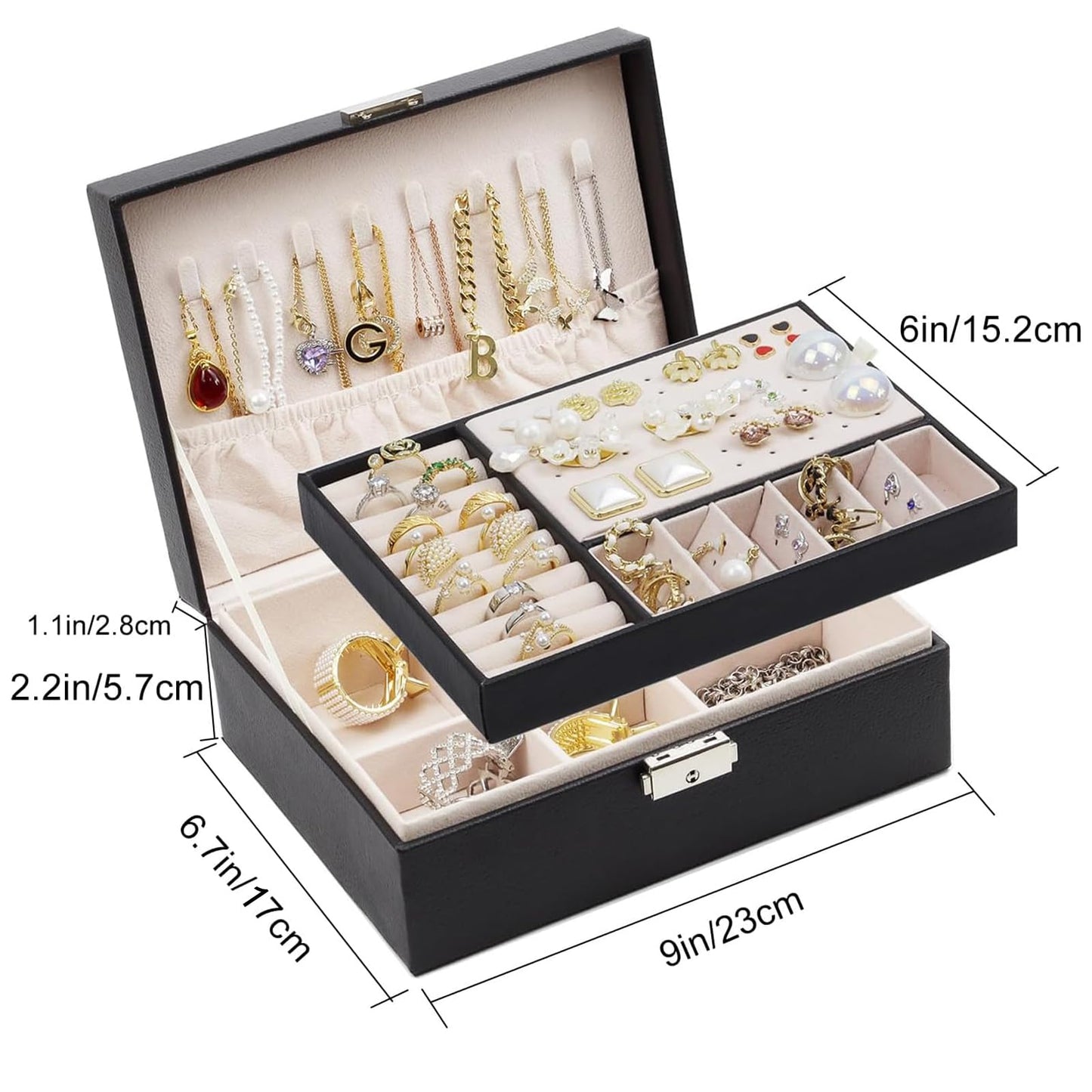 SYCARON Jewelry Box Organizer for Women, Jewelry Organizers 2 Layer Jewelry Storage Box PU Leather with Lock for Women Girls Rin