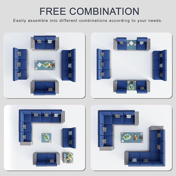PCSXDSW 12 Pieces Patio Conversation Set, Rattan Furniture Set with Wide Armrests and Coffee Table, Outdoor Modular Sectional Couch Wicker Sofa for Garden Backyard Balcony Porch Deck (Blue Cushions)