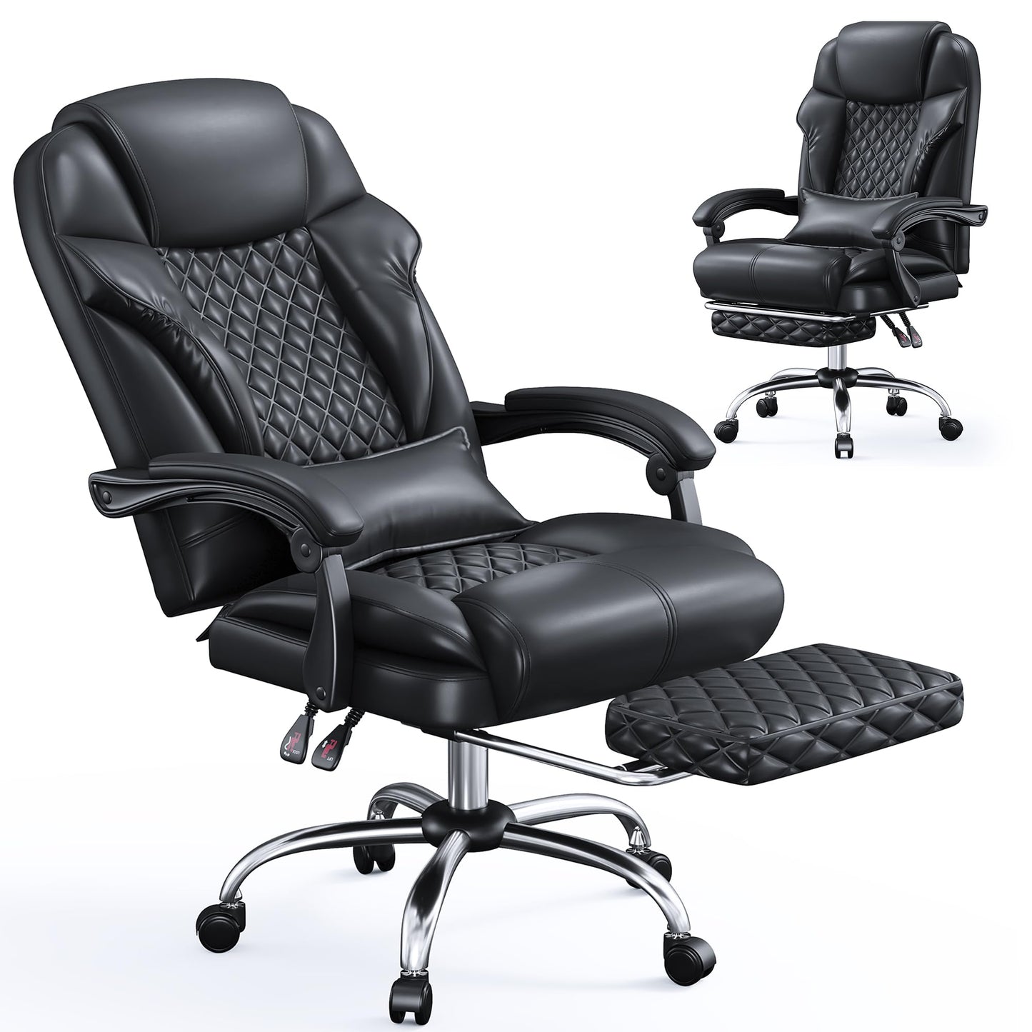 DurayLoly Office Chair with Retractable Footrest, Ergonomic High Back Design Executive Computer Desk Chair with Removable Lumbar Pillow,90-145°Reclining Thick Bonded Leather for Home Office Work,Black