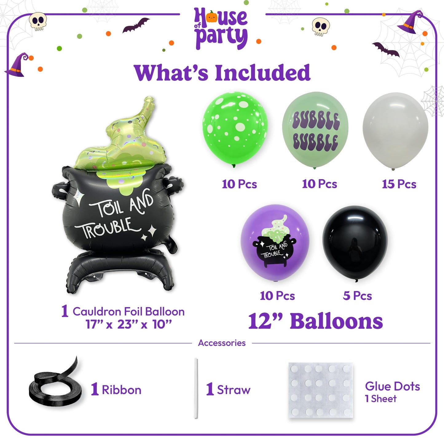 HOUSE OF PARTY 50PCS Halloween Cauldron Foil Balloons - 30" Cauldron Halloween Balloons Arch Kit Balck Green Balloon for Birthday Halloween Party Decorations