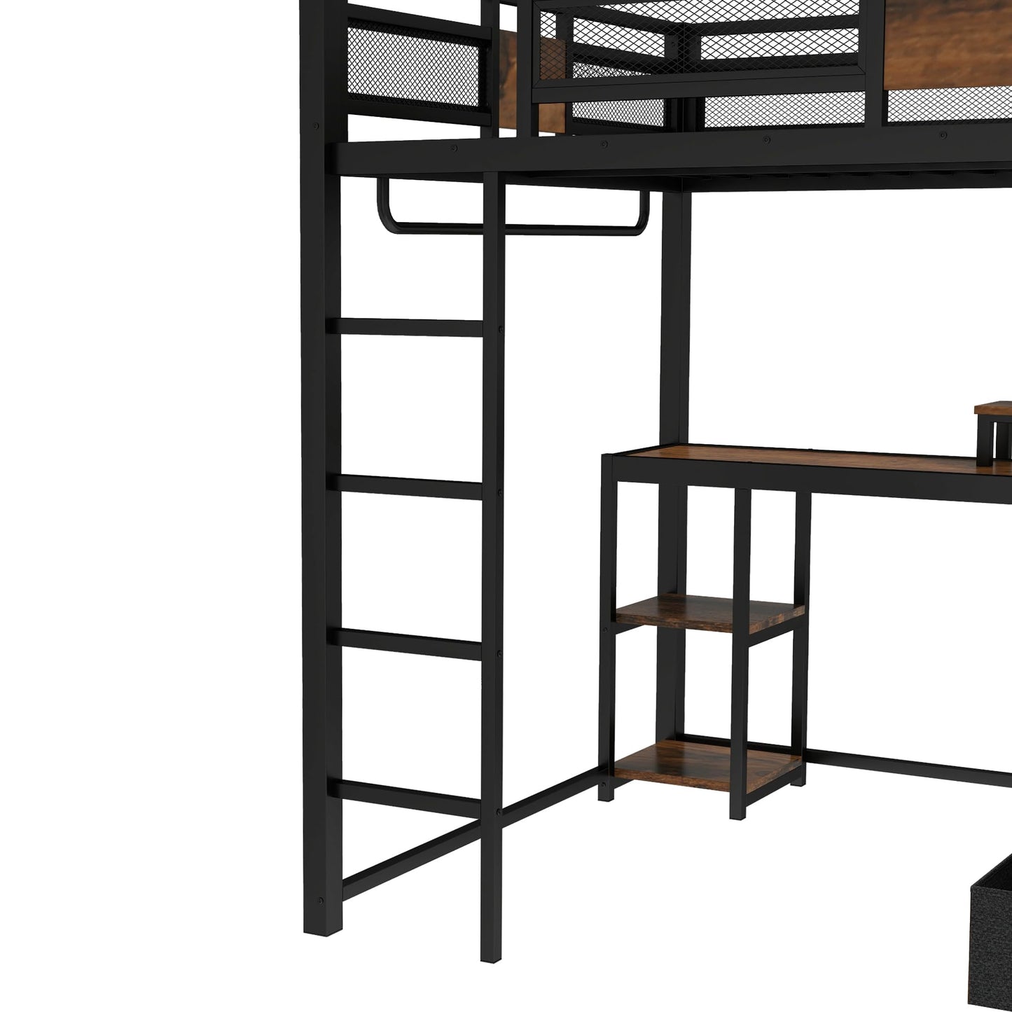 Bellemave Queen Size Loft Bed with Desk and Storage Drawers, Queen Loft Bed Frame with Computer Monitor Stand, Corner Shelf and Hanger Rod, Adults Loft Beds Frame, Black
