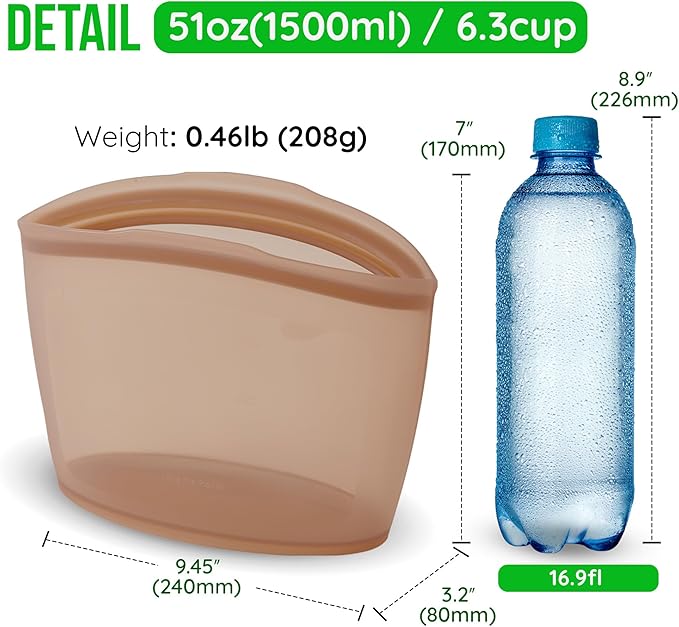 Premium Platinum Silicone Reusable Food Storage Bag 6.3 Cup (53 fl oz), Airtight Zip Lock Bags for Food, BPA-Free Silicone Freezer Bags, Microwave Safe Sous Vide Container, Taupe Brown