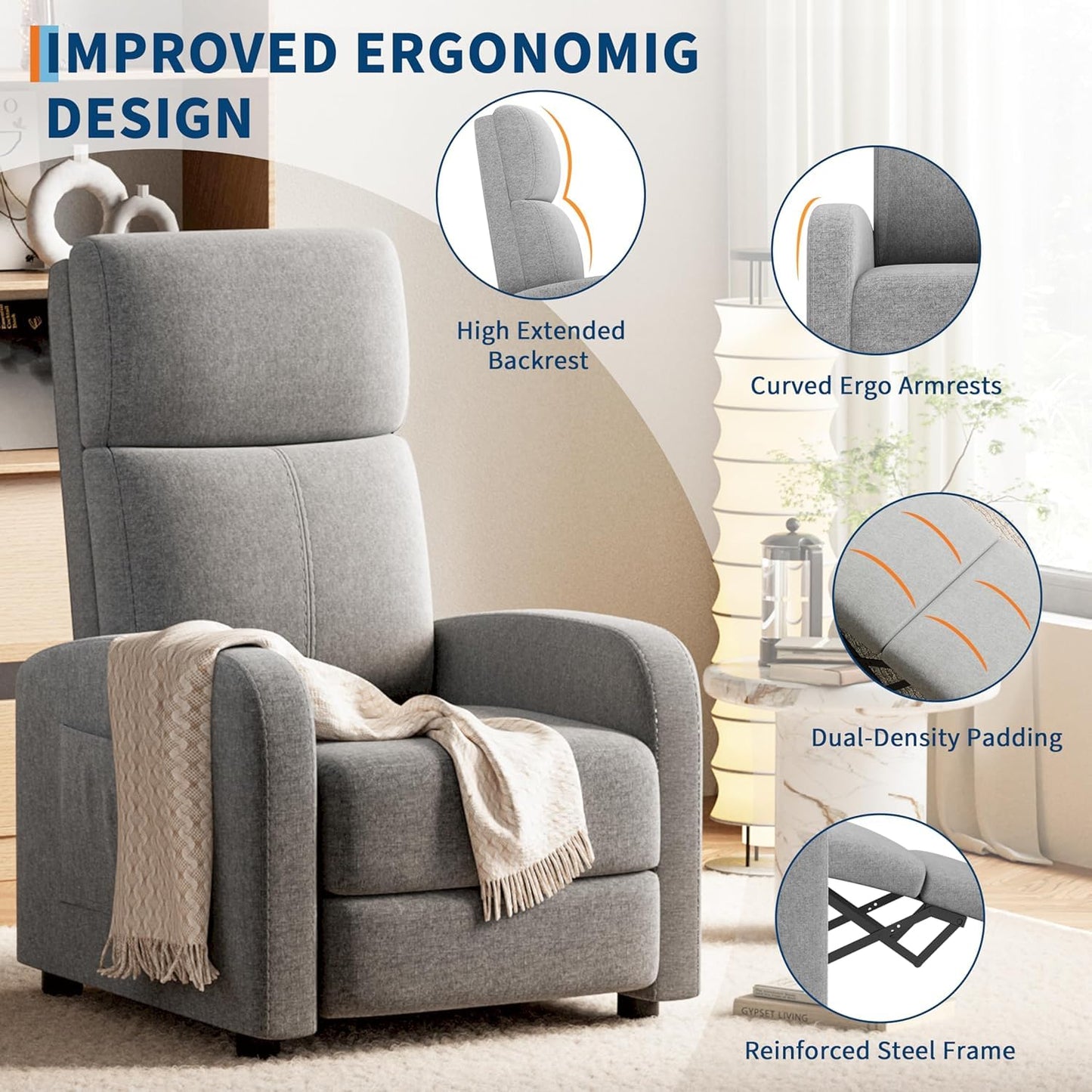 Push Back Recliner Chair for Adults - Ergonomic Single Sofa with Tall Back, Wide Arms & Padded Seat, Side Pocket for Remote - Adjustable Lazy Reclining Chair for Living Room Home Theater Seating