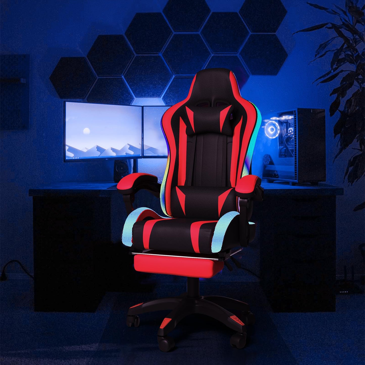 Gaming Chair with Speakers and Massage Computer Gaming Chair with LED RGB Lights and Footrest High Back Ergonomic Video Game Chair with Adjustable Lumbar Support for Adults Red and Black