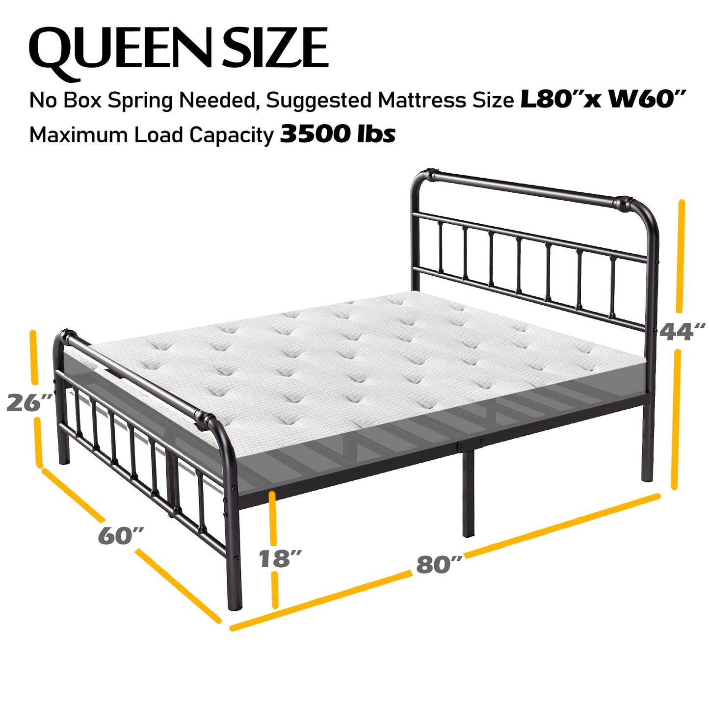 BOSRII Queen Size Bed Frame with Headboard and Footboard, 18 Inches High, 3500 Pounds Heavy Duty Metal Slats Support for Mattress, No Box Spring Needed, Noise-Free, Black