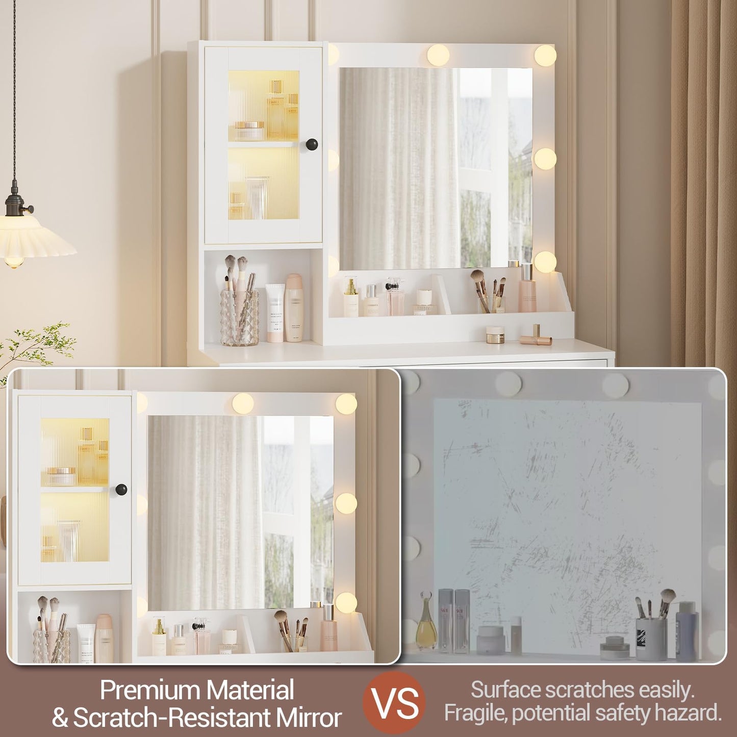Garvee Vanity Desk with Mirror and Lights Elegant Makeup Vanity Table with Drawers & Cabinets, Storage, Sturdy MDF Top, Adjustable Brightness Bulbs, Built-in Power Outlet & USB Ports for Bedroom