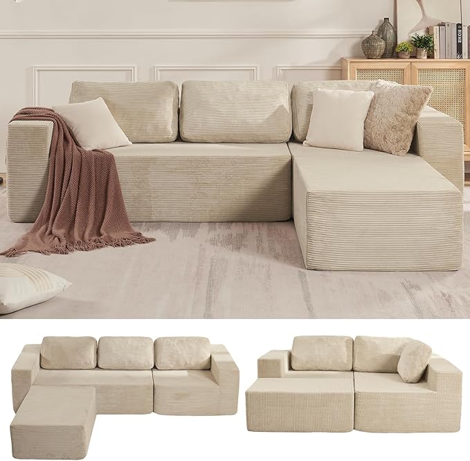 Furnify 40" Memory Foam Couch Footrest, Cloud Modular Sofa with Removable Cover, Upholstered Floor Sofa Ottoman, Upholstered Sofa for Bedroom Living Room, No Assembly Required (Corduroy Fabric, Beige)
