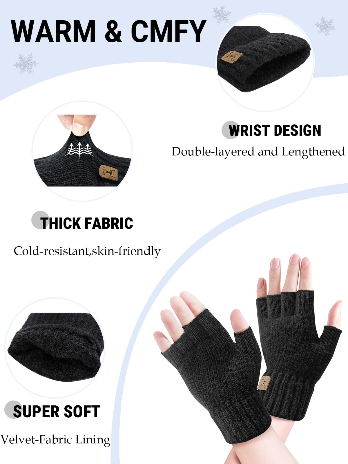 JUNRUI Fingerless Gloves Half Finger Winter Warm Knitted Gloves Working Running Biking Driving for Men and Women