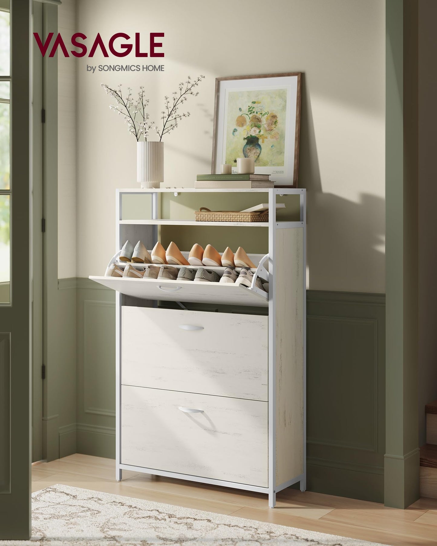 VASAGLE Shoe Cabinet with 3 Flip Drawers, Shoe Storage Cabinet, Asjustable and Removable Dividers, Holds 15-24 Pairs of Shoes, 11.8 x 31.5 x 51.2 Inches, Rustic White and Matte White ULBS802W01