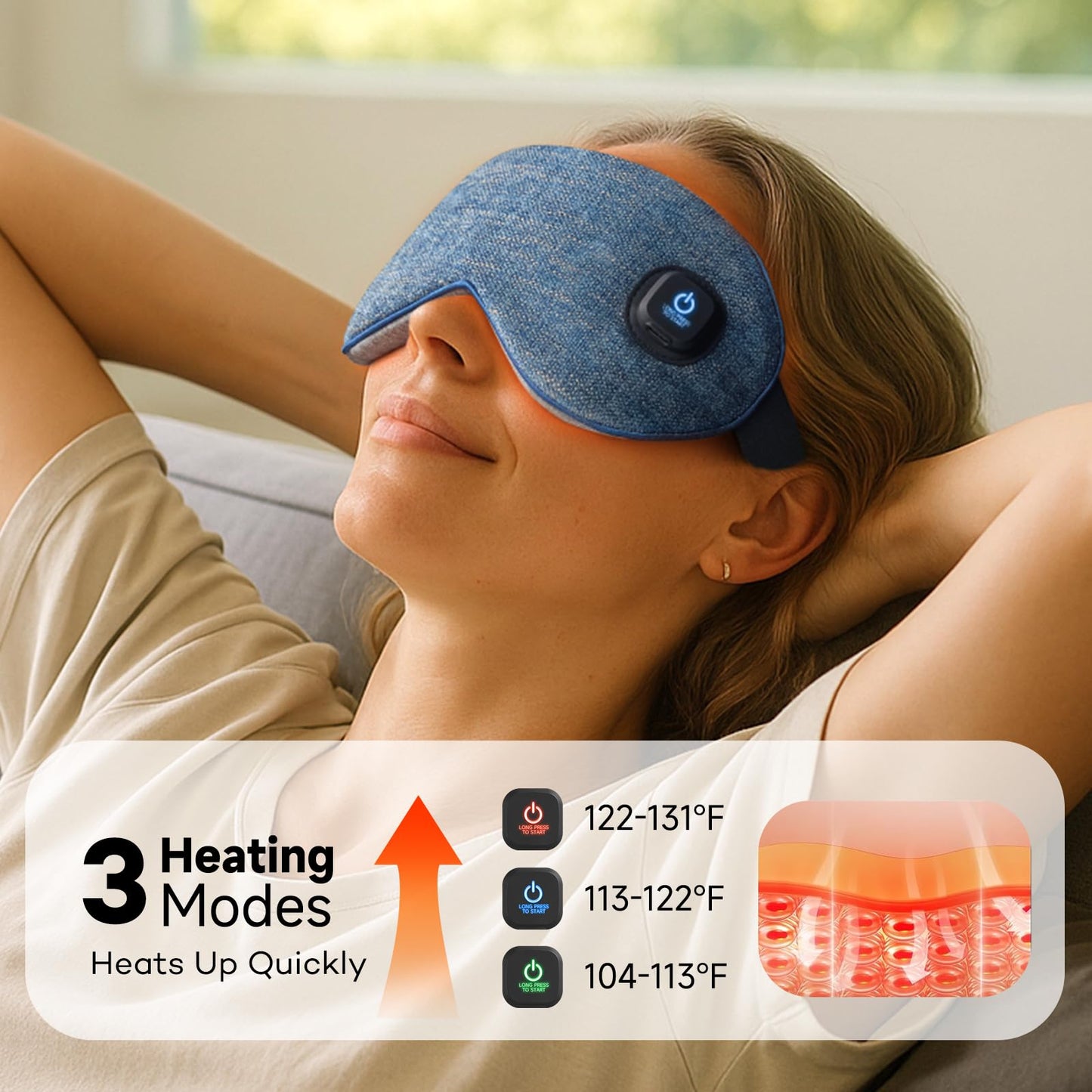 Ezona Cotton Cordless Heated Eye Mask, Warm Eye Compress Mask for Dry Eyes, Washable Eye Heating Pad for Travel, Dry Eyes, Blepharitis, Sinus Migraine (Blue)