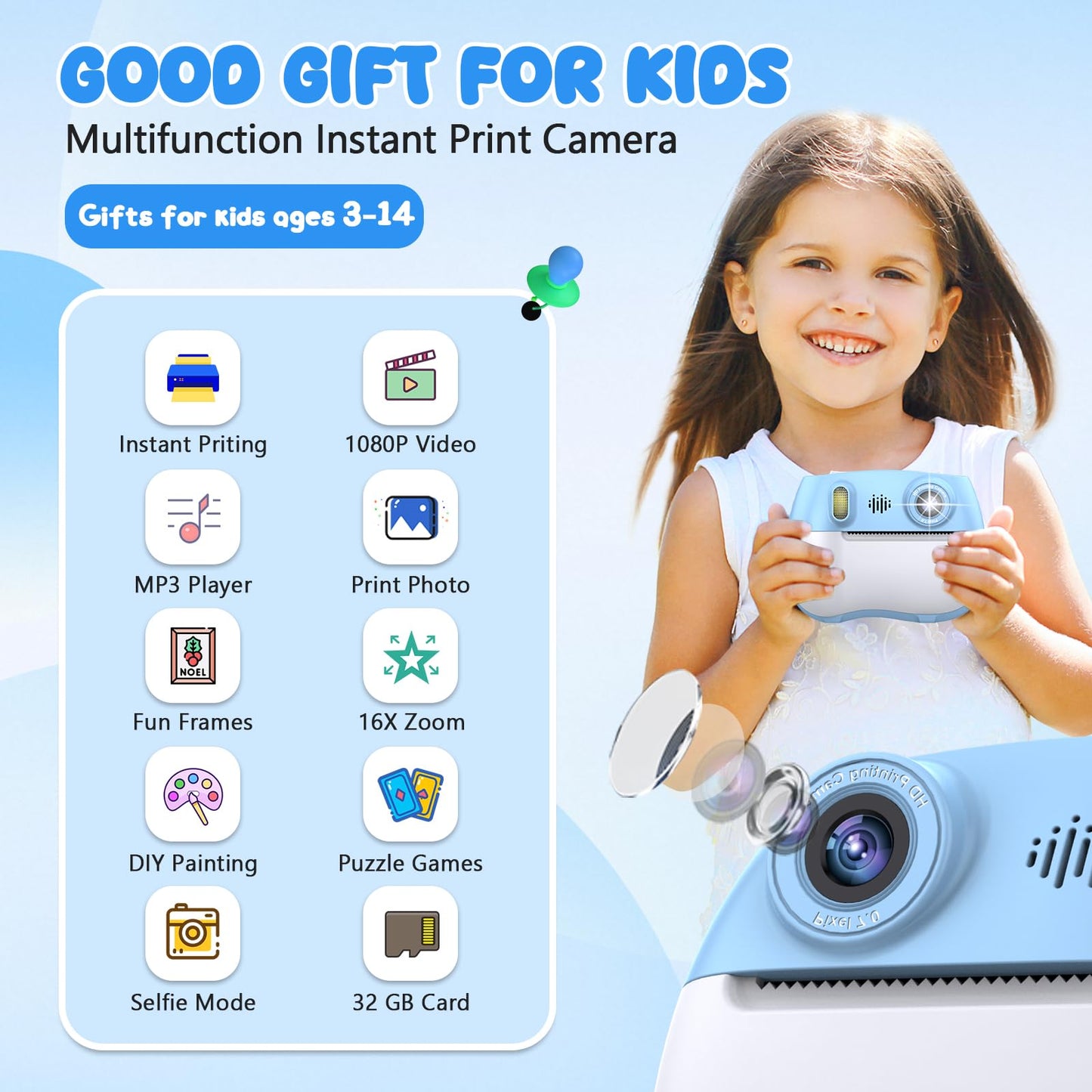 Kids Camera Instant Print 1080P Front Rear Dual Selfie - Kids Digital Camera with Video Games, 32GB & 5-Color Print Paper/ 250 Photos,Easy to Use & Great Toys Gifts for Boys Girls, Ages 3-12
