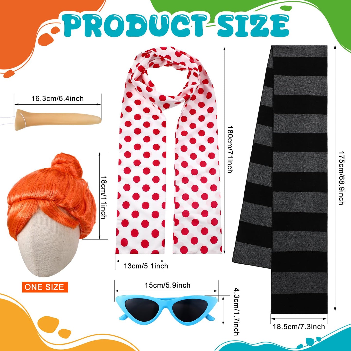 Zoooyawn 5 Pcs Halloween Costume Set Include Black Gray Striped Scarf Red Polka Dot Scarf Wig Blue Frame Sunglasses Fake Nose for Halloween Party Cosplay Costume Accessories