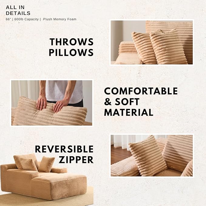 Alpen 66" Oversized Chaise Lounge, Boneless Couch Indoor, Corduroy Couch Boneless Sofa Chair for Reading with Wide Armrest and 3 Throw Pillows, No Assembly Required, Beige