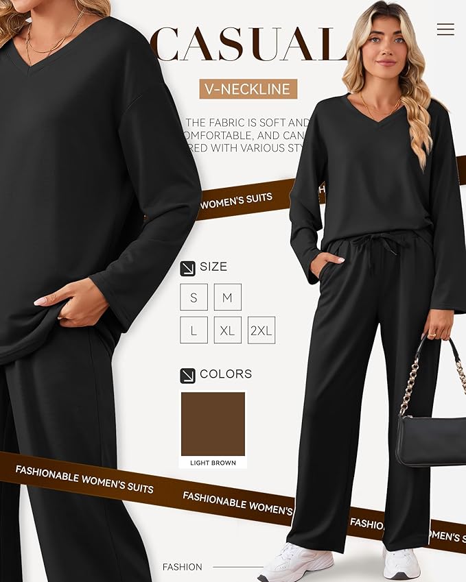 JoyMotion 2 Piece Women's Sweatsuit, V Neck Oversized Tracksuit Wide Leg Pant Fall Lounge Set Long Sleeve Sweatshirts Outfit
