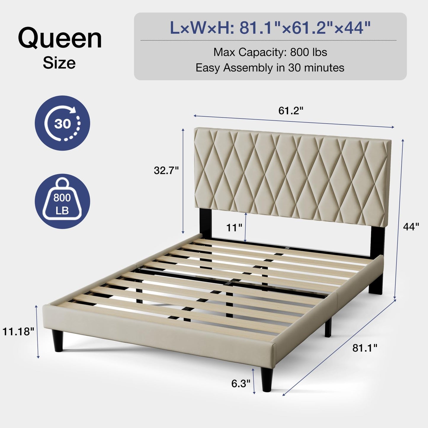 Rukboo Queen Platform Bed Frame with Storage Space, Fabric Upholstered Headboard, Fully Upholstered Mattress Foundation, No Box Spring Needed, Noise-Free, Easy Assembly, Beige