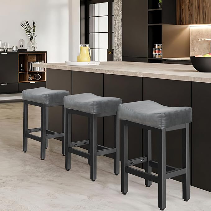Counter Height Bar Stools Set of 3, 24 Inch Barstools for Kitchen Island Counter, Faux Leather Kitchen Stools with Saddle Seats & Metal Base, Easy Assembly, Forest Green