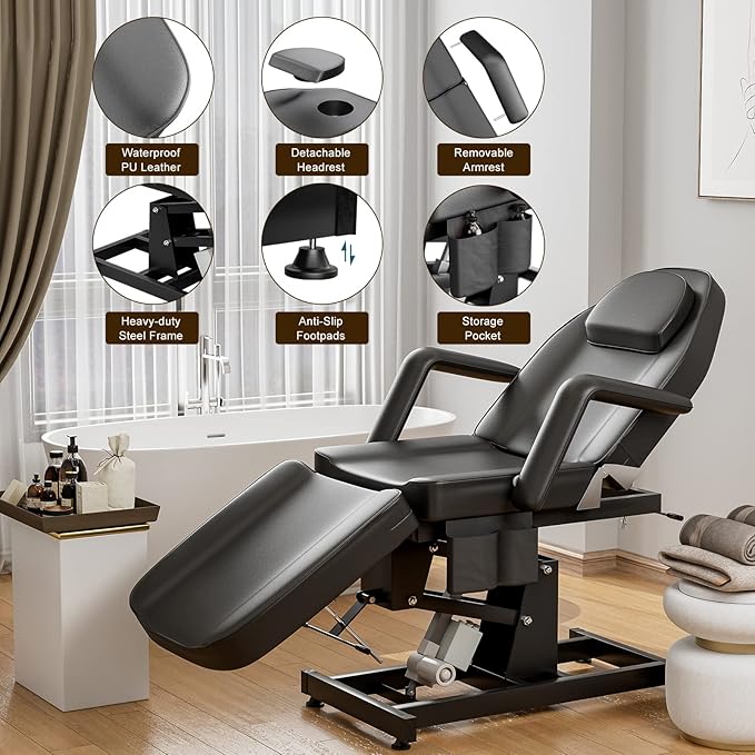 SyyBhb Electric Height Adjustable Esthetician Chair Facial Bed, 3-Section Folding Lift Tattoo Chair Bed Massage Table for Spa, Lash Extension, Microblading, Wax, Medical Treatment, Black