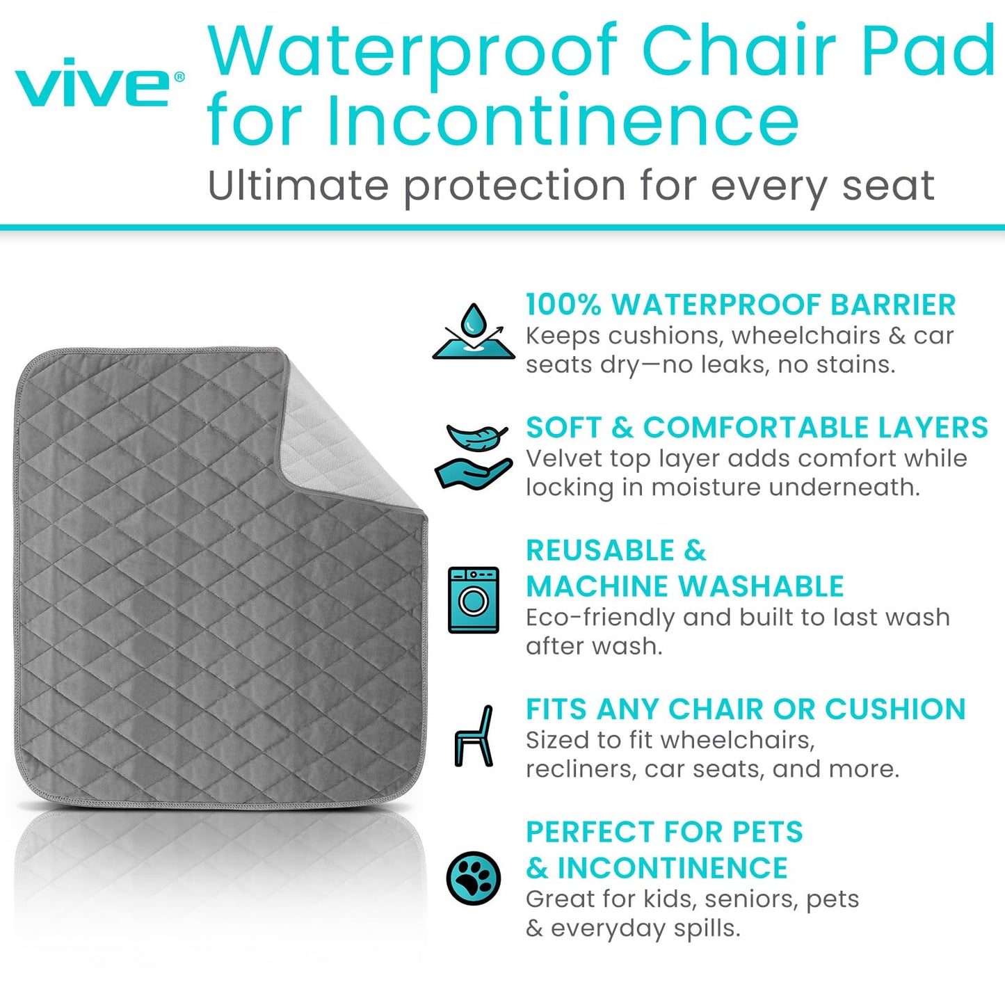 Sures Waterproof Chair Pads for Incontinence (22" x 21") - Washable, Waterproof Seat Protector - Chair Protector Seat Cover - Absorbent Pad for Bed, Seat, Car, Wheelchair & Recliner (Gray, 4 Pack)