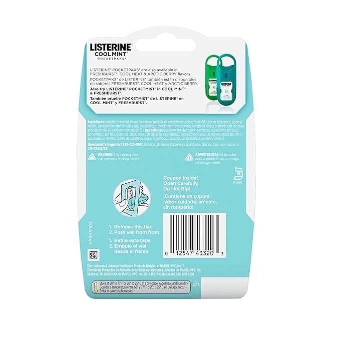 Listerine Cool Mint PocketPaks Portable Breath Strips for Bad Breath, Fresh Breath Strips to Kill 99% of Bad Breath Germs* On-The-Go, Cool Mint Flavor, 72 Per Pack (3x24) - (Pack of 6)