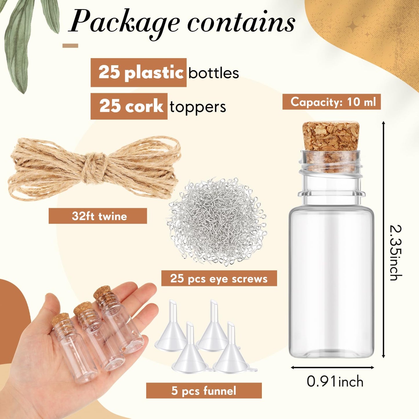 Bokon 25 Packs Mini Plastic Bottles with Corks Stoppers Eye Screws Funnels Small Potion Bottles Tiny Clear Sand Art Jar Wishing Vial for Birthday Party DIY Crafts Gift (1 x 2.28 Inch)