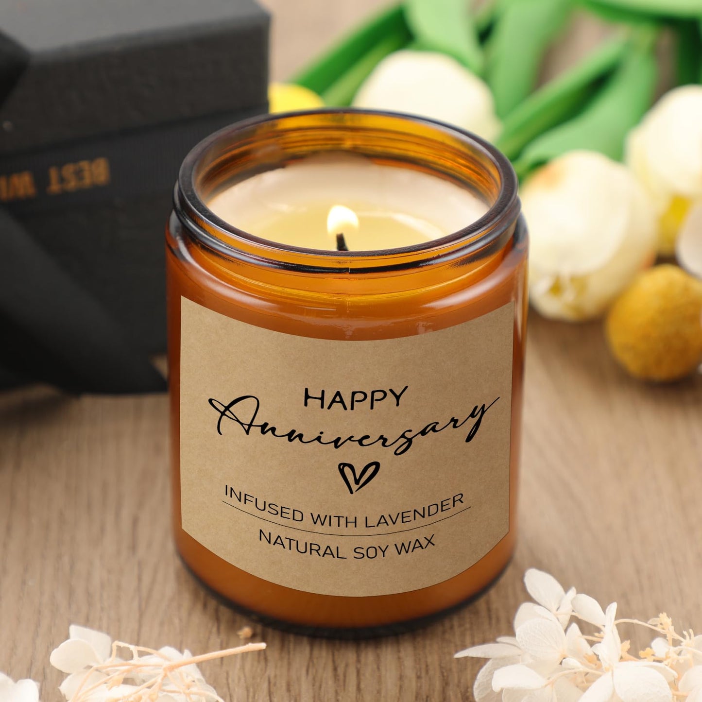 Happy Anniversary Candle Gifts, Gift for Couple Anniversary, Romantic Gifts for Her, Him, Girlfriend, Boyfriend, Wife, Husband, 7oz Soy Wax Lavender Scented Candle, Aniversario Gift for Her