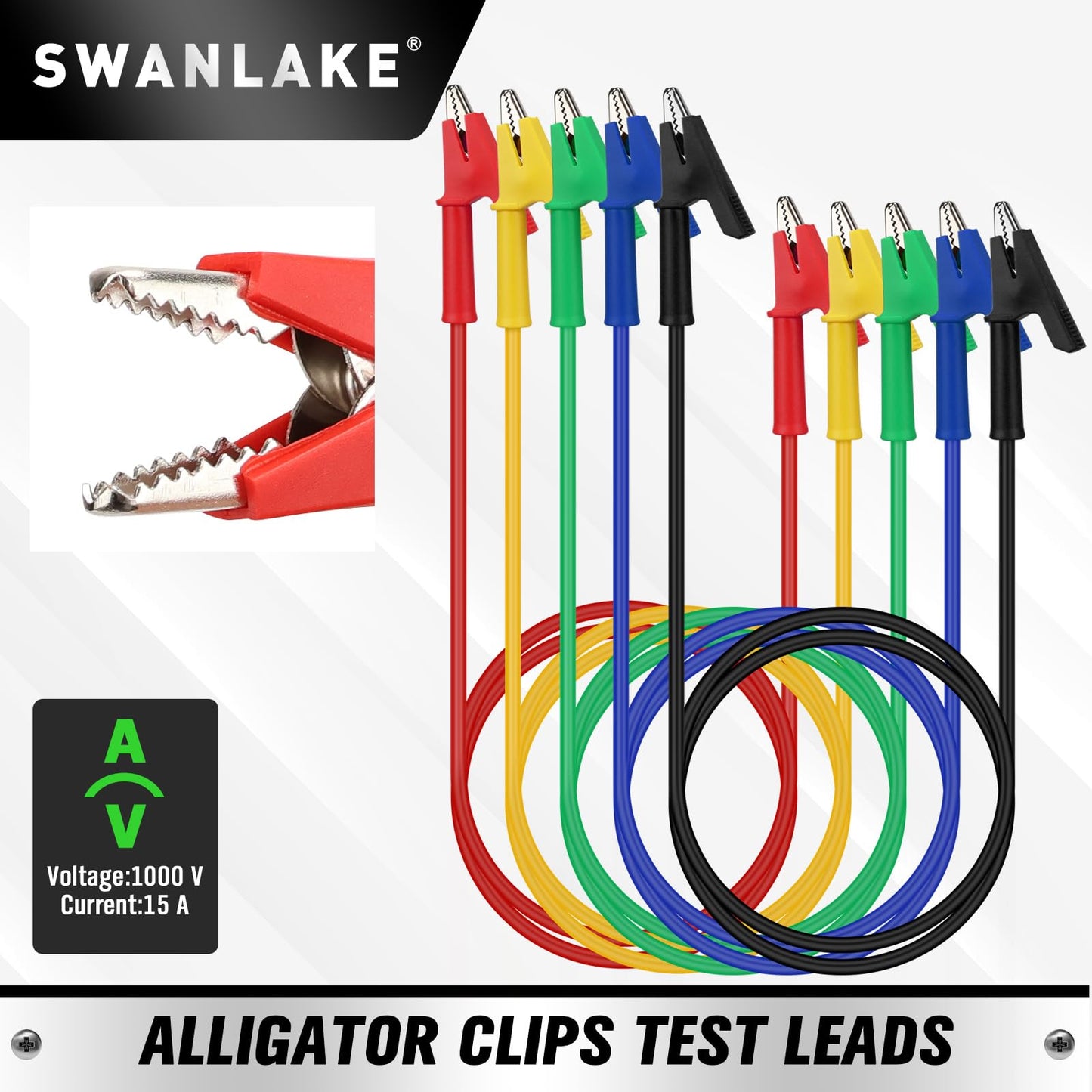 SWANLAKE 5-Piece Dual-Ended Alligator Clip Test Leads, 1000V 15A 3.5ft/1M Electrical Alligator Clips, Flexible Copper Cable Crocodile Clip, Mini Jumper Wires with Gator Clips