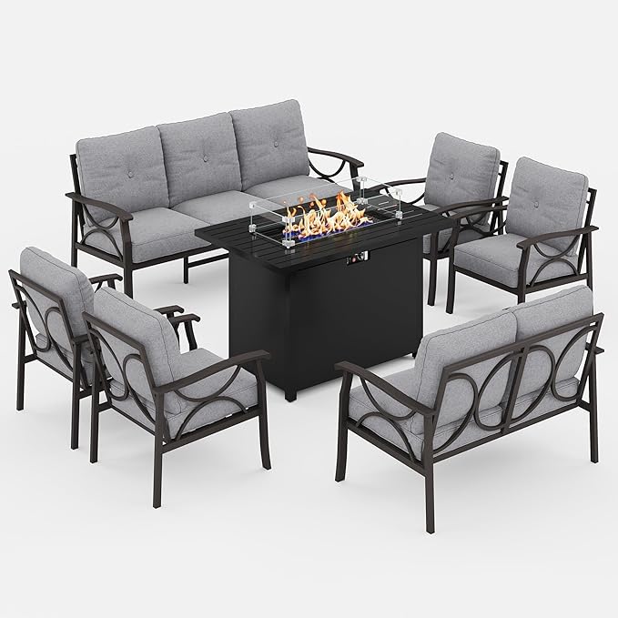 FansaFurn 7-Pieces Outdoor Patio Furniture Set with 43" Fire Pit Table, Metal Outdoor Sectional Furniture with Cushions, Outdoor Conversation Set for Garden, Balcony, Deck, Backyard, Grey