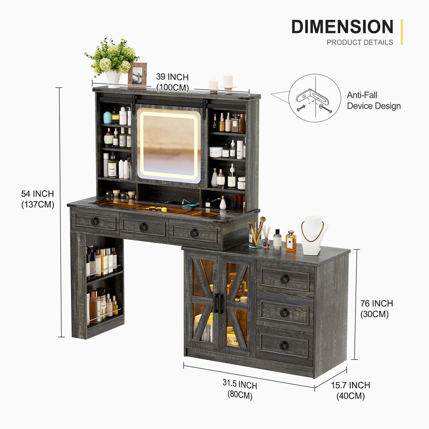 MDGC 60"W Farmhouse Makeup Vanity Desk with Sliding Mirror and Lights, Charging Glass Top Large Vanity Table with Jewelry Storage,Vanity Set with 6 Drawers,10 Shelves,Side Storage Cabinet,Rustic Brown